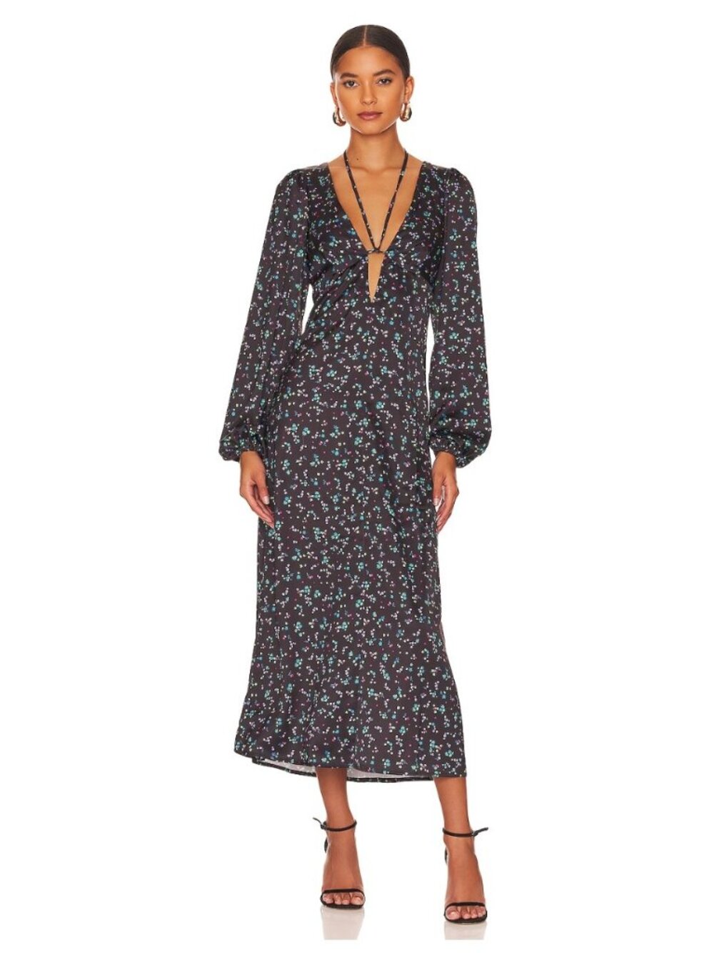 AFRM Portia Black Noir Neon Ditsy Long Sleeve Dress sz xs